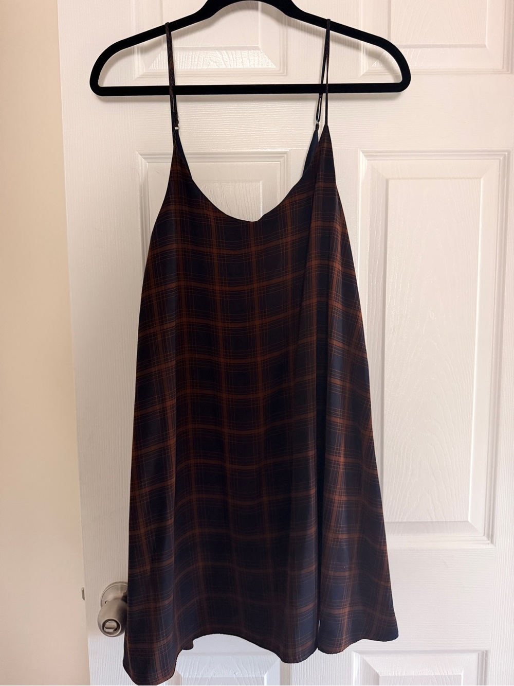 Oak + Fort Sienna and Dark Blue Plaid Spaghetti-Strap Dress